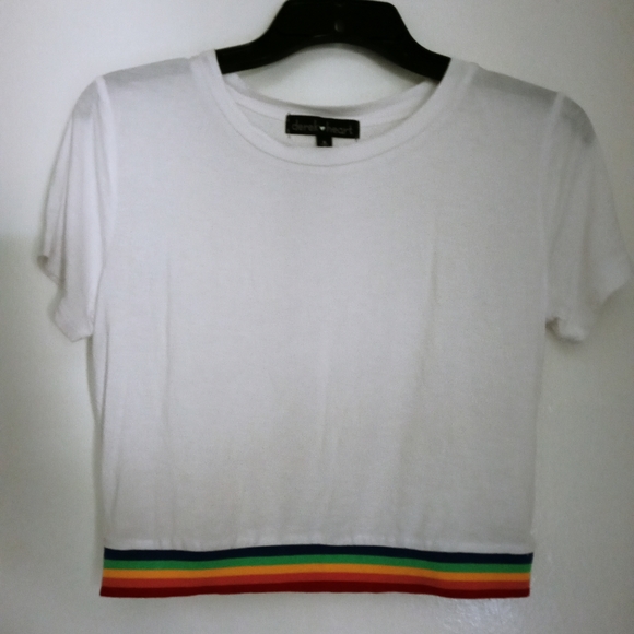 Derek Heart Juniors White color w/multicolor banded hem S/Sleeve T-shirt S 180 - Picture 3 of 6